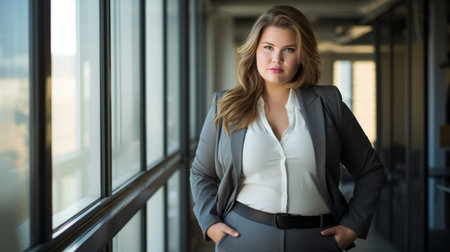 a woman in a business suit standing in an officeの素材