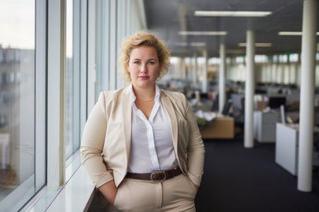 a woman in a business suit standing in front of a large windowの素材