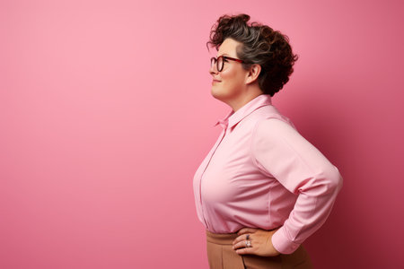 a woman in a pink shirt and glasses standing against a pink wallの素材