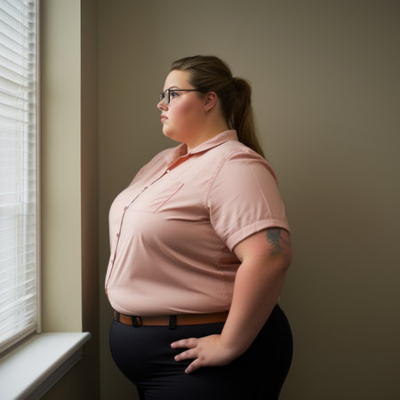 a woman in a pink shirt stands by the windowの素材
