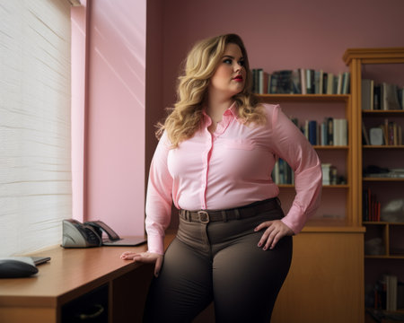 a woman in a pink shirt and brown pants standing in front of a deskの素材