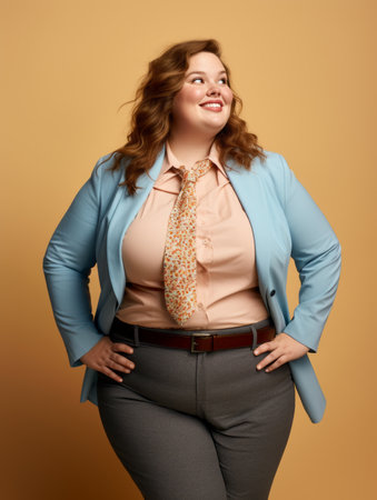 a woman in a suit and tie standing with her hands on her hipsの素材