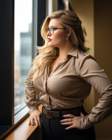 a woman in glasses and a shirt leaning against a windowの素材