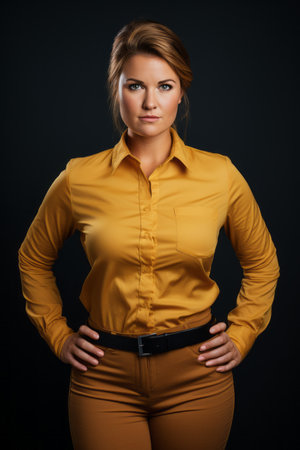 a woman in a yellow shirt and brown pants standing with her hands on her hipsの素材