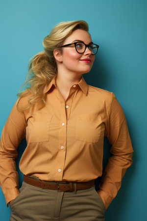 a woman in glasses standing against a blue wallの素材
