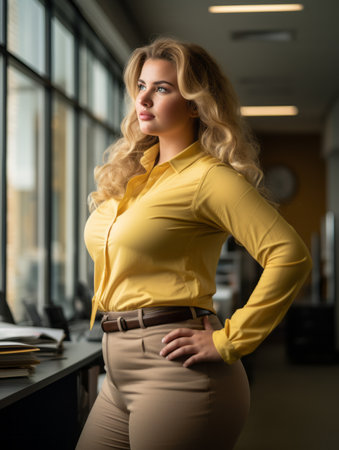 a woman in a yellow shirt standing in front of a windowの素材