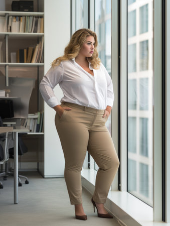 a woman in a white shirt and khaki pants standing in front of a windowの素材