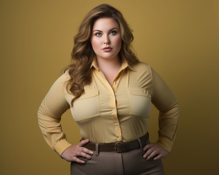 a woman in a yellow shirt and brown pantsの素材