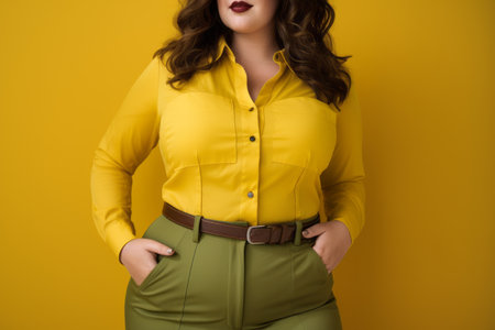 a woman in a yellow shirt and green pantsの素材