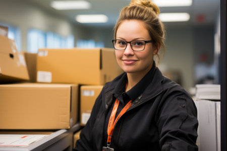 a woman in glasses is standing in front of a stack of boxesの素材
