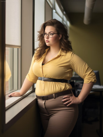 a woman in glasses and a yellow shirt leaning against a windowの素材