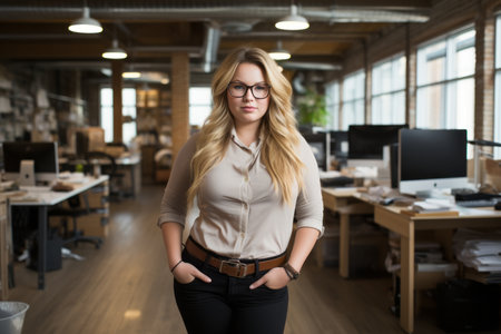 a woman in glasses standing in an officeの素材