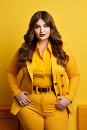 a woman in a yellow suit posing in front of a yellow backgroundの素材