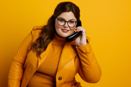 a woman in glasses and a yellow jacket talking on the phoneの素材