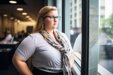 a woman in glasses and a scarf standing by the windowの素材