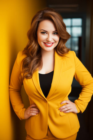 a woman in a yellow suit posing for the cameraの素材
