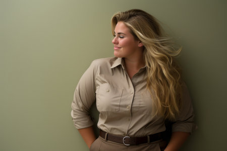 a woman in a tan shirt leaning against a wallの素材