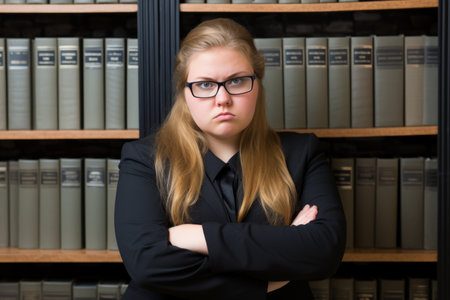 a woman in glasses standing in front of bookshelvesの素材