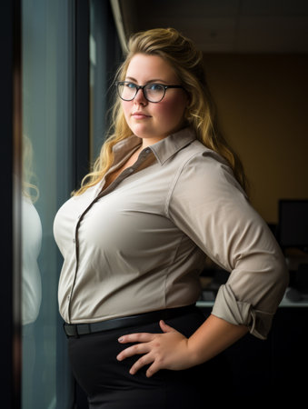 a woman in glasses standing in front of a windowの素材