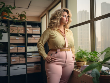a woman in pink pants standing in front of a windowの素材