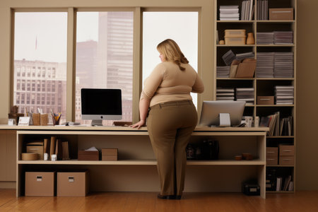 a woman standing at a desk in front of a windowの素材