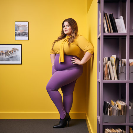 a woman in purple leggings standing in front of a bookshelfの素材