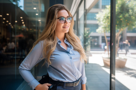 a woman in sunglasses standing in front of a glass windowの素材