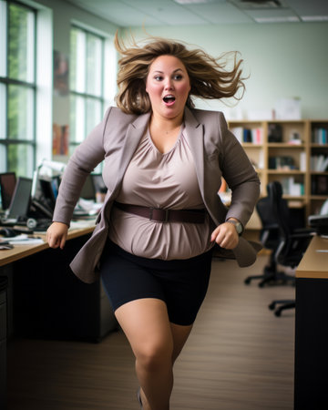 a woman running in an office with her hair blowing in the windの素材
