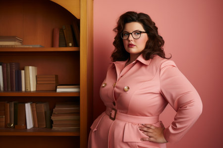 a woman wearing glasses and a pink dress standing in front of a bookshelfの素材