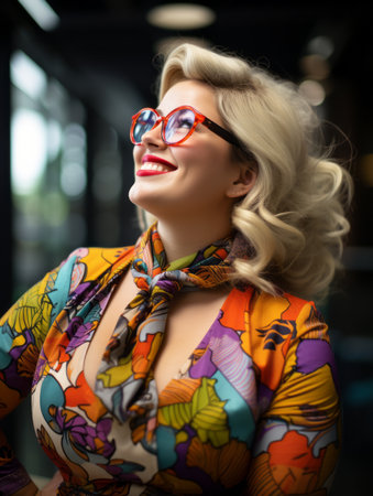 a woman wearing glasses and a colorful shirtの素材