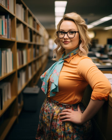 a woman wearing glasses and an orange shirt posing in a libraryの素材