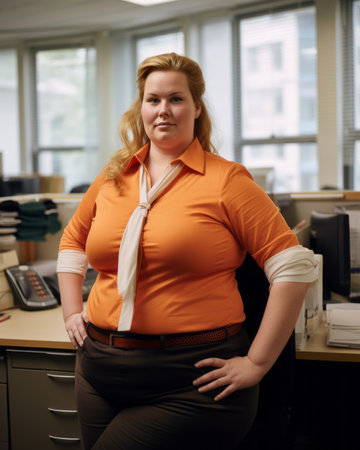 a woman wearing an orange shirtの素材