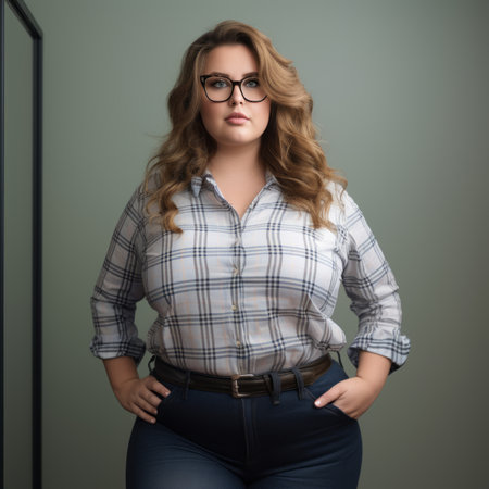 a woman wearing glasses and a plaid shirtの素材