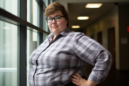 a woman with glasses and a plaid shirt standing in front of a windowの素材