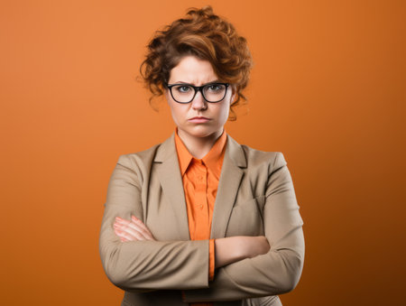 angry business woman with glasses standing with arms crossed against an orange backgroundの素材