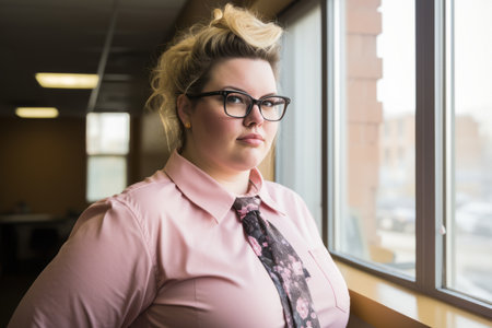 a woman wearing glasses and a pink shirt standing in front of a windowの素材