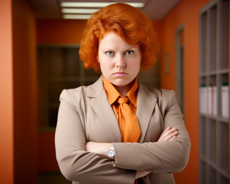 a woman with red hair standing in an orange hallwayの素材