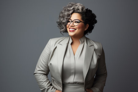 a woman with glasses and a gray suit posing for the cameraの素材