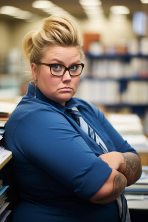 a woman with glasses and a blue shirt is standing in front of stacks of booksの素材