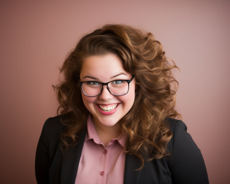 a woman with glasses and a pink shirtの素材