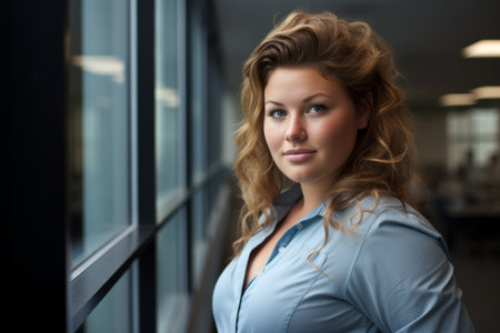 portrait of a beautiful young business woman standing in front of a large window in an office buildingの素材