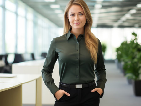 portrait of young businesswoman in green shirt and black pants standing in an officeの素材