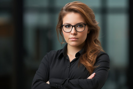 portrait of young businesswoman with glasses standing in front of black background stock photoの素材