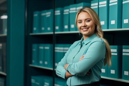 smiling businesswoman standing in front of bookshelvesの素材