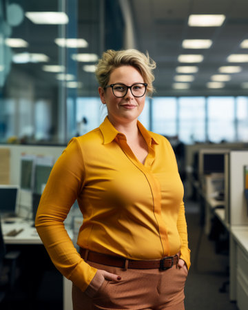 portrait of businesswoman standing in an office with her hands on her hipsの素材