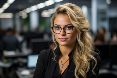 a beautiful blonde woman in glasses standing in an officeの素材