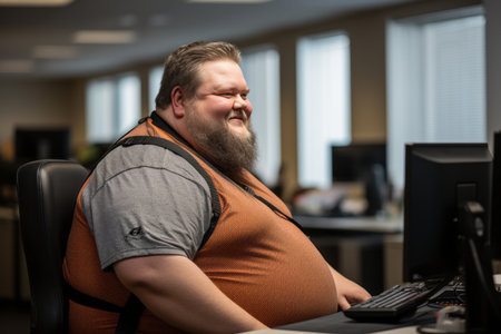a fat man sitting in front of a computerの素材