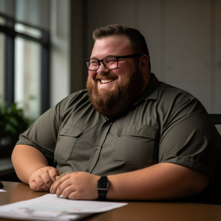 a man with a beard and glasses sitting at a deskの素材