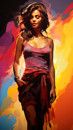 a painting of a woman in a colorful dressの素材