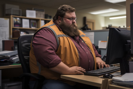 a man with a beard sitting at a desk using a computerの素材